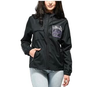 SWIXXZ Geometric Black Windbreaker Full Zip Hooded Jacket Purple Graphics Sz XS